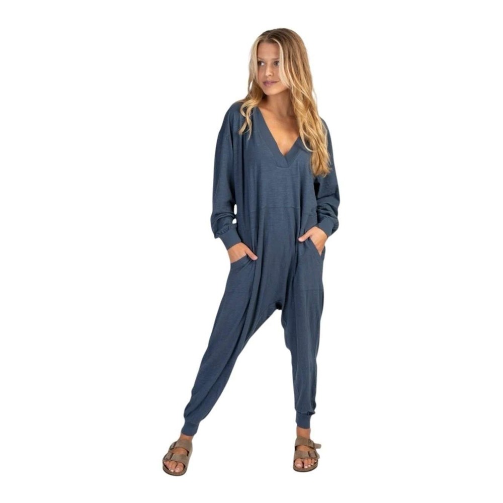 Natural Life Jumpsuit Women S Blue Cotton V-Neck Long Sleeve Loungewear Boho